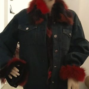 BNWOT VINTAGE LADIES JEAN JACKET W/ MULTI COLOR FAUX FUR SZ. XL BY DAMSELLE NY
